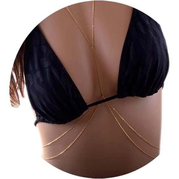 14K Chain Gold Plated Body Chain Women Layered Rhinestone Bikini Bra Jewelry